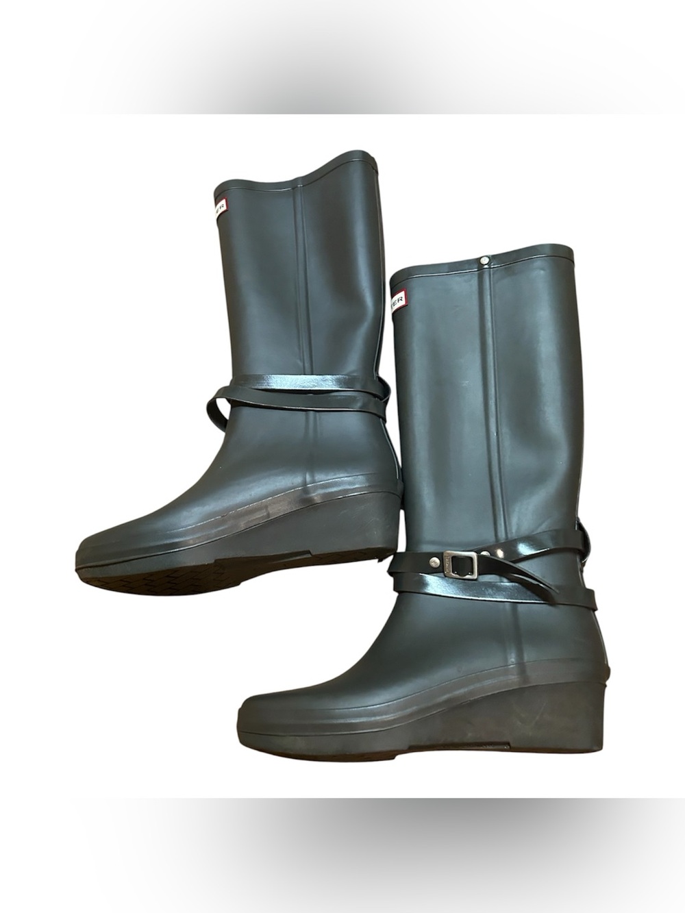 Hunter Black Mid-Calf Rubber Rain Boots with Buckle Strap